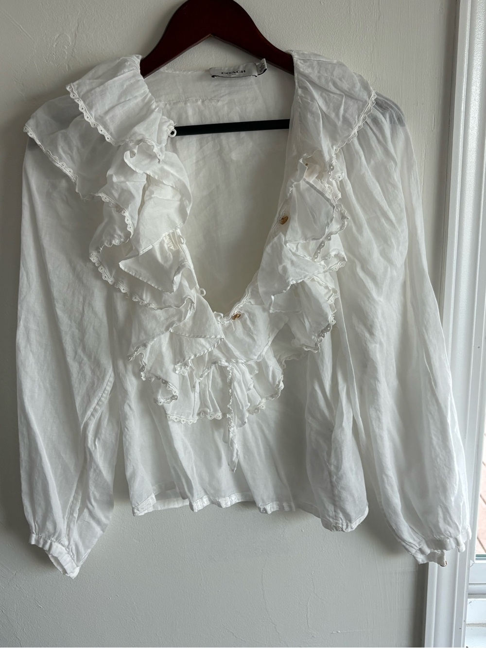 Coach White Ruffle V-Neck Blouse